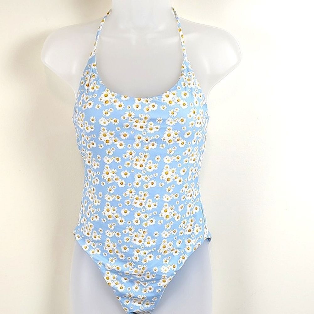 Onia Ginny Low Back One-Piece Swimsuit in Blue Daisy Size S Coastal Grandmacore